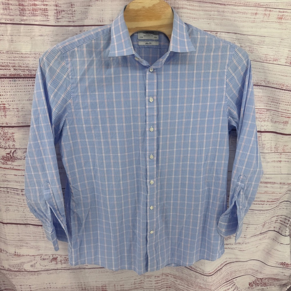 Charles Tyrwhitt Shirt Mens XL Slim Fit Blue Glen Plaid Cotton Dress 17.5 36